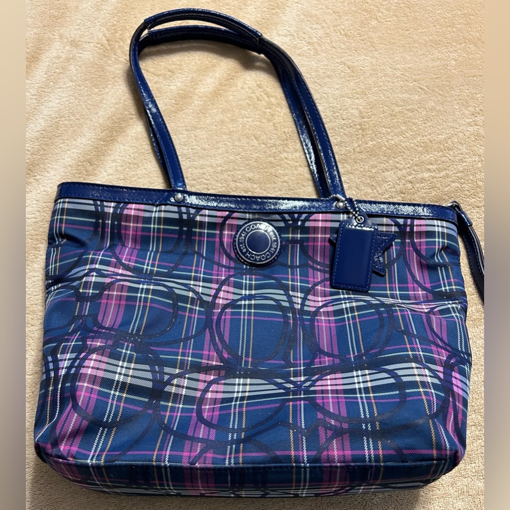Coach Signature Glitter Tartan Plaid Tote with Matching Wallet
